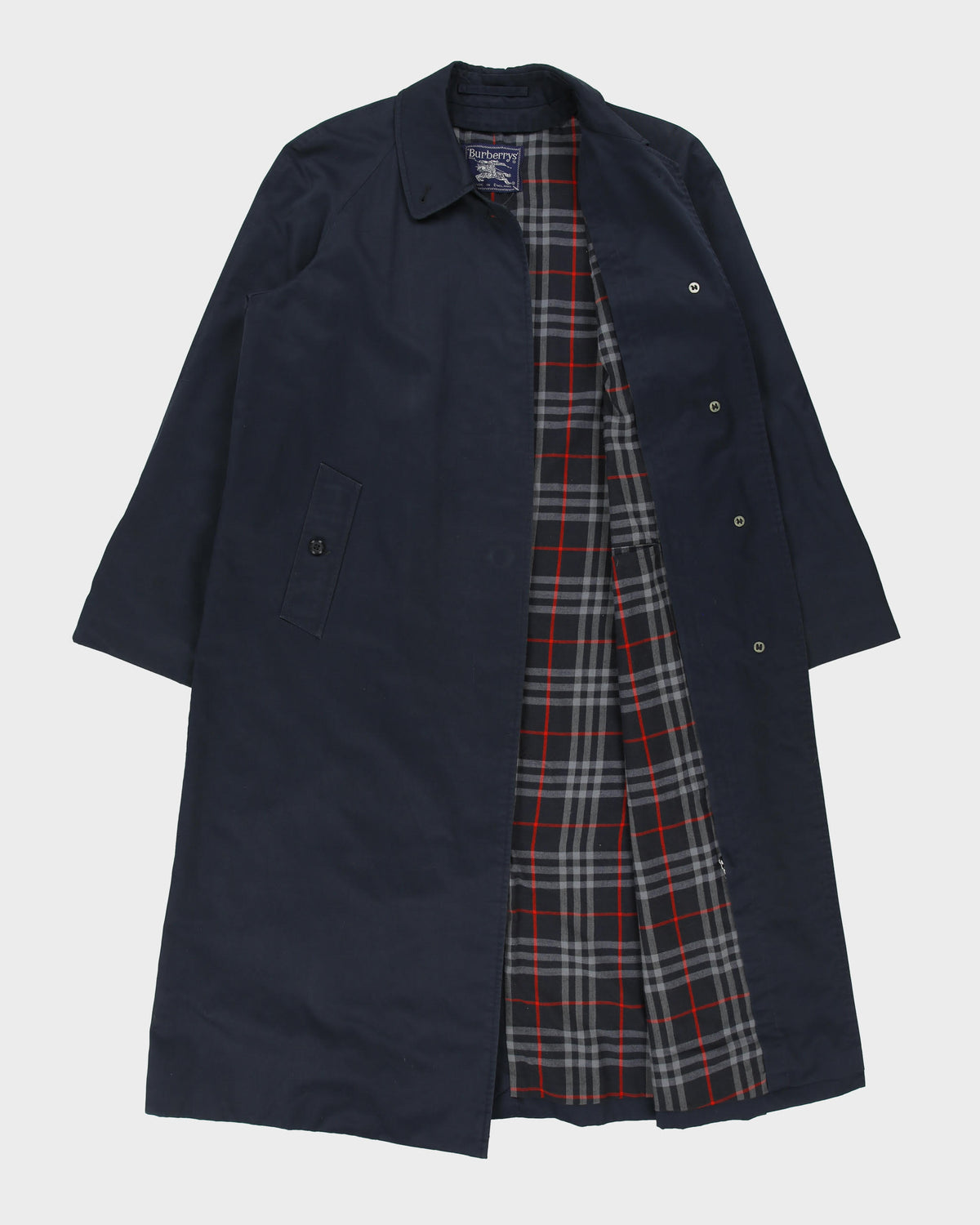 Vintage 1990s Burberry Women's Navy Made In England Nova Check Lined Long Canvas Mac - M
