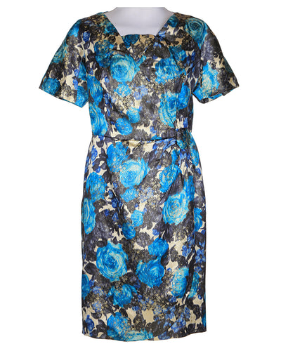 50s Boutique Blue Floral Party Dress - M