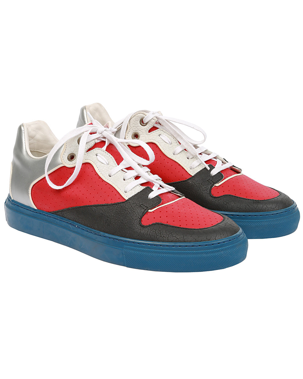 Balenciaga Low Arena Red, Silver & White Leather Trainers - UK 7.5