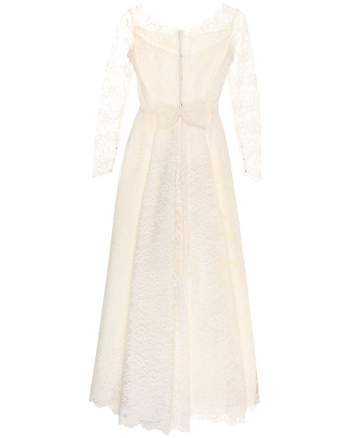 60s White Lace & Satin Boutique Bridal Dress - XXS