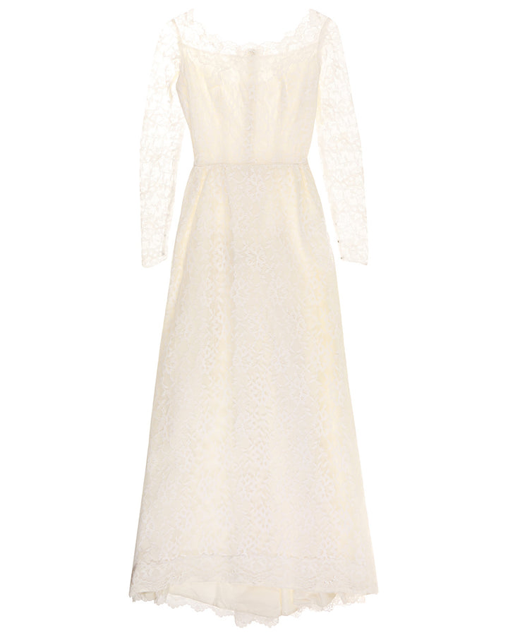 60s White Lace & Satin Boutique Bridal Dress - XXS