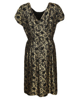 60s Gold &amp; Black Floral Print Party Dress - M