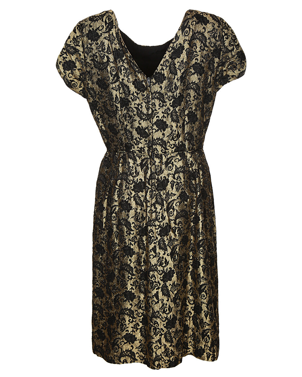 60s Gold & Black Floral Print Party Dress - M
