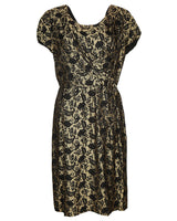 60s Gold &amp; Black Floral Print Party Dress - M