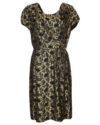 60s Gold & Black Floral Print Party Dress - M