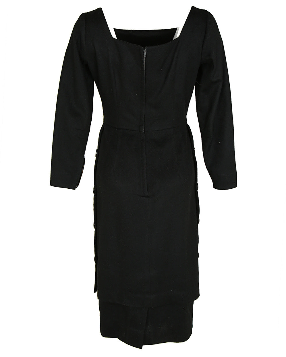 50s Posluns Black Wool Long Sleeve Midi Dress - S