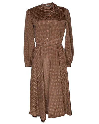 80s Lanvin Brown Dot Print Midi Dress - XS