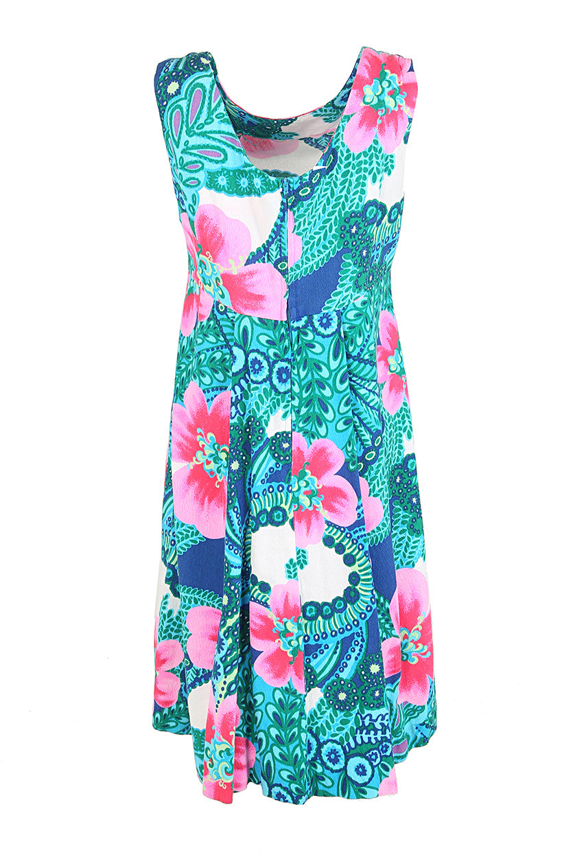60s Blue &amp; Pink Graphic Print Sleeveless Midi Dress - M