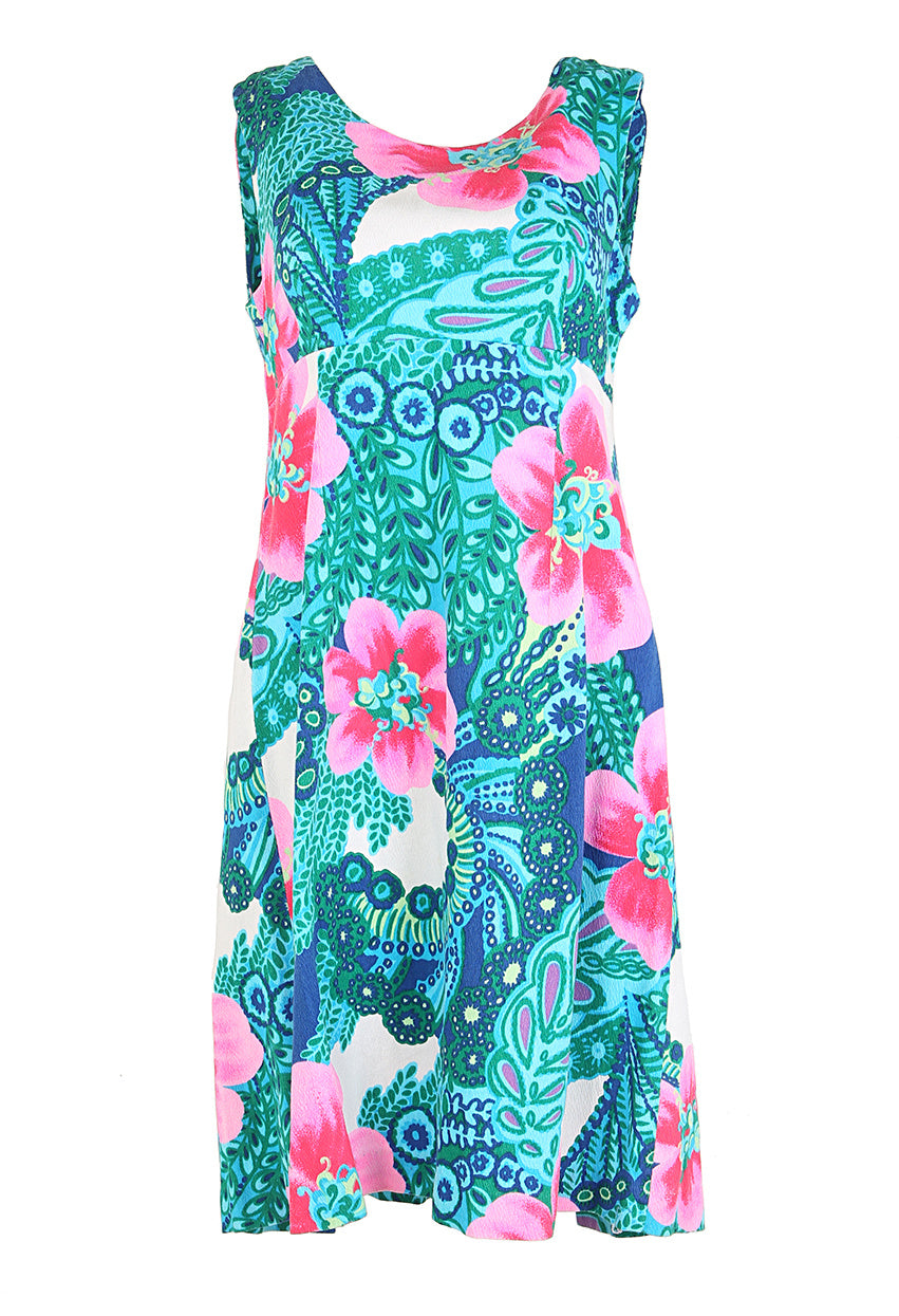 60s Blue &amp; Pink Graphic Print Sleeveless Midi Dress - M