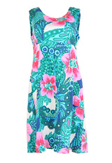 60s Blue &amp; Pink Graphic Print Sleeveless Midi Dress - M