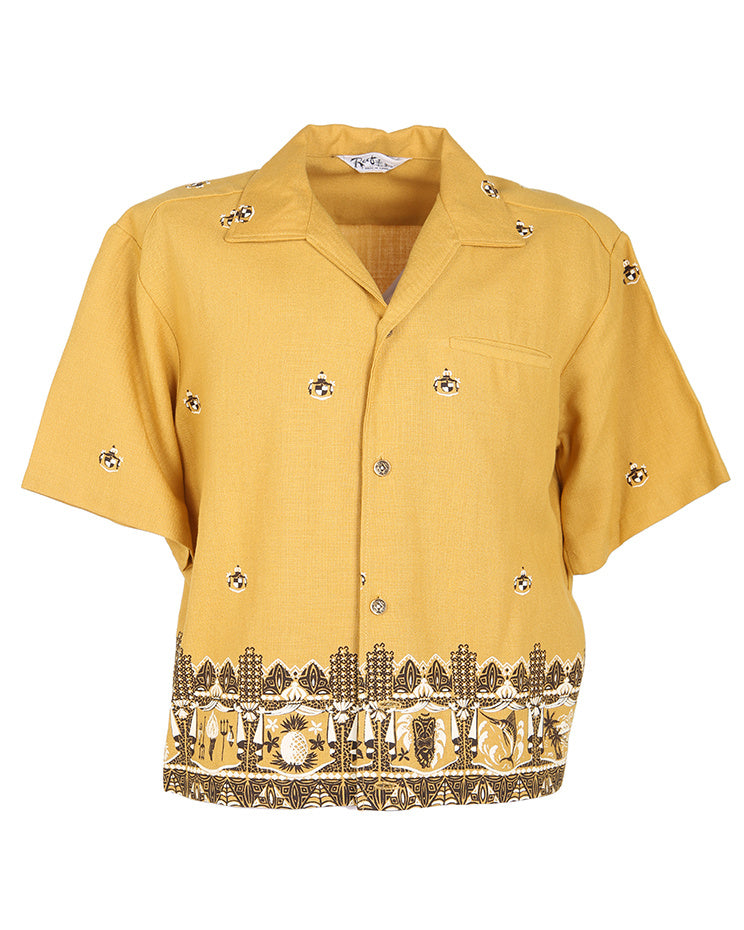 Vintage 50s Reef Yellow & Brown Patterned Hawaiian Bowling Shirt - S