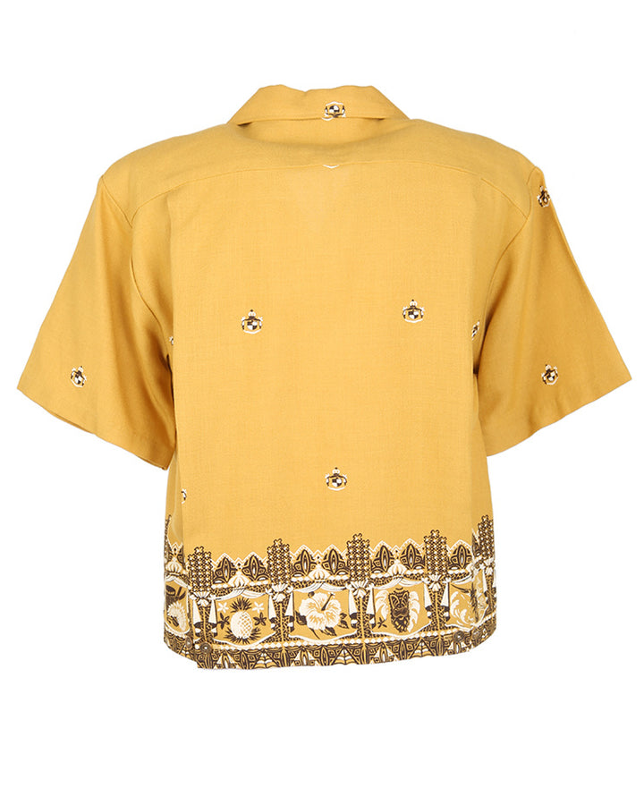 Vintage 50s Reef Yellow & Brown Patterned Hawaiian Bowling Shirt - S