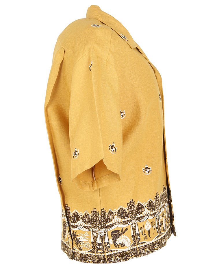 Vintage 50s Reef Yellow & Brown Patterned Hawaiian Bowling Shirt - S
