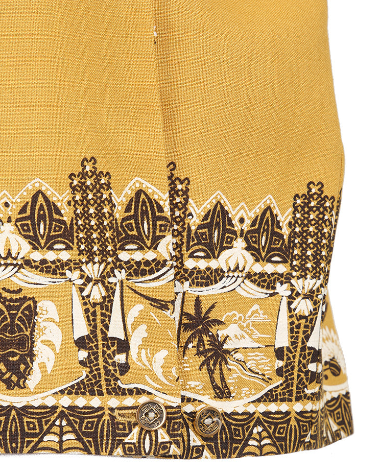 Vintage 50s Reef Yellow & Brown Patterned Hawaiian Bowling Shirt - S