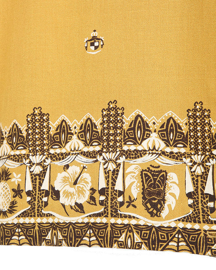 Vintage 50s Reef Yellow & Brown Patterned Hawaiian Bowling Shirt - S