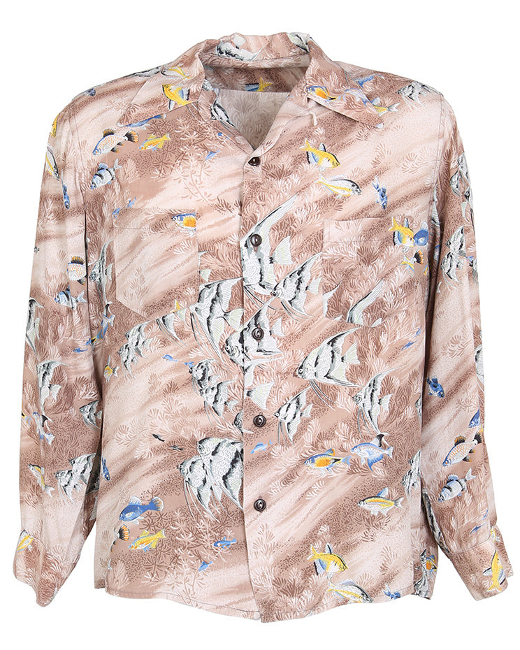 Vintage 40s Brown Fish Print Rare Hawaiian Long Sleeve Shirt - M