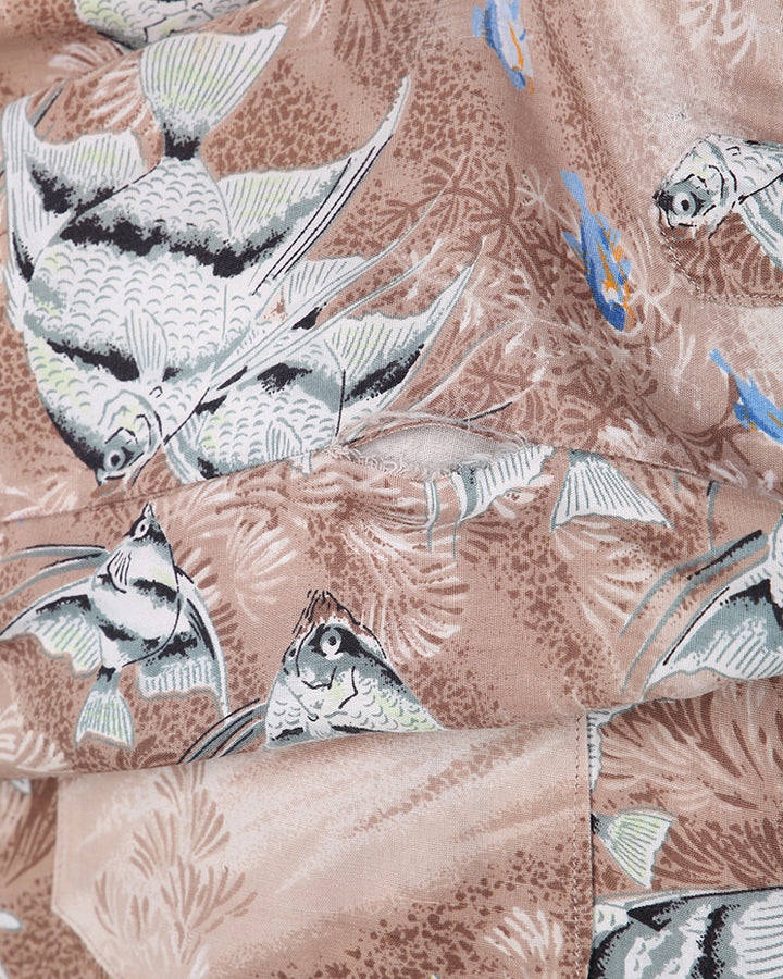 Vintage 40s Brown Fish Print Rare Hawaiian Long Sleeve Shirt - M