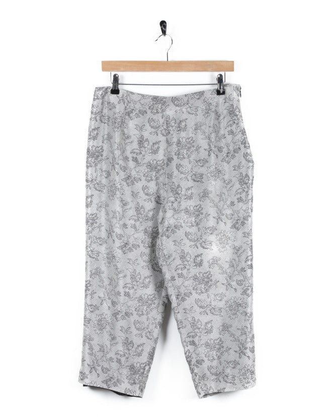 90s Grey &amp; Black Floral Patterned Silk Casual Trousers - W32