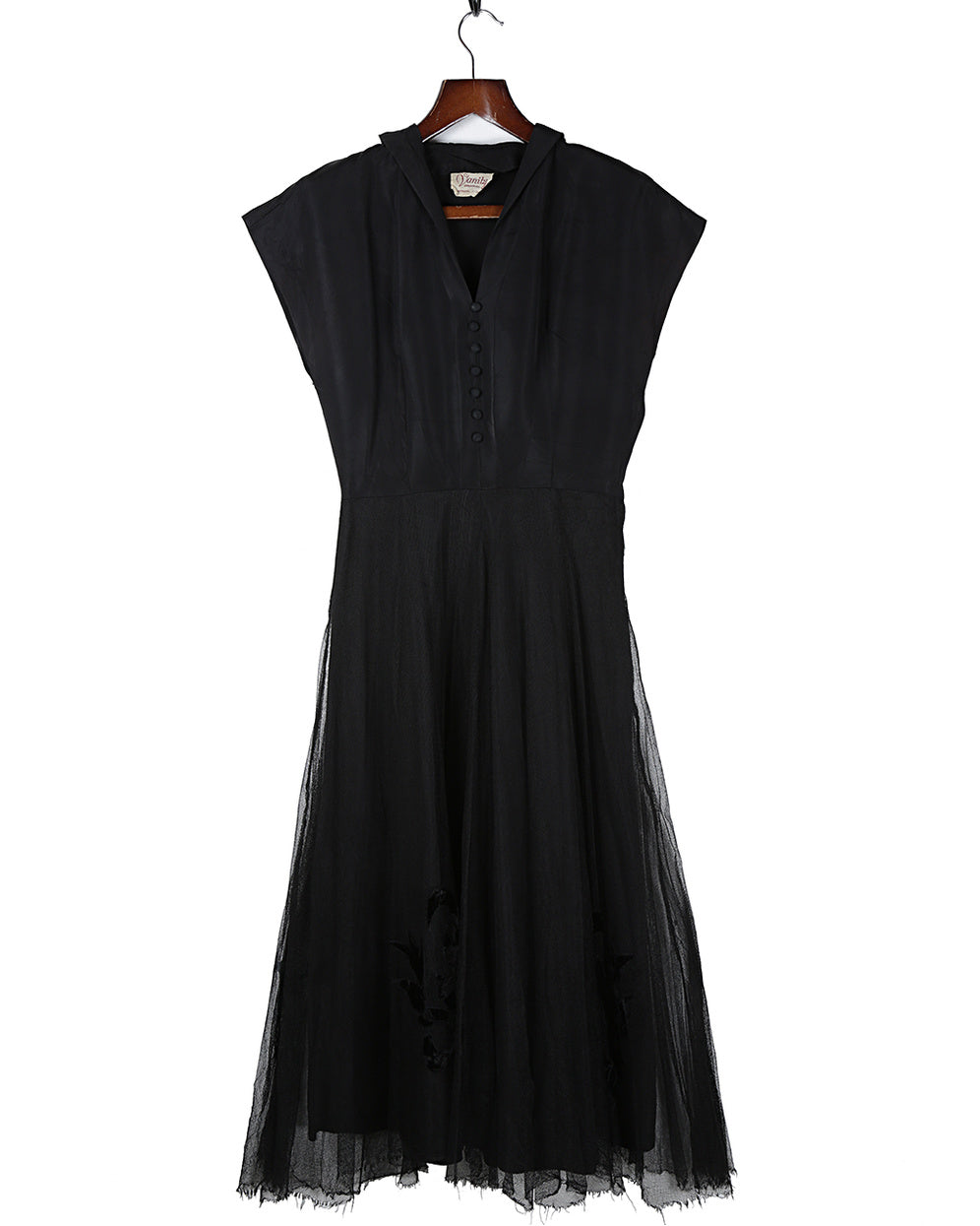 1940s Vintage Vanity Original Black Velvet &amp; Tulle Dress - XS