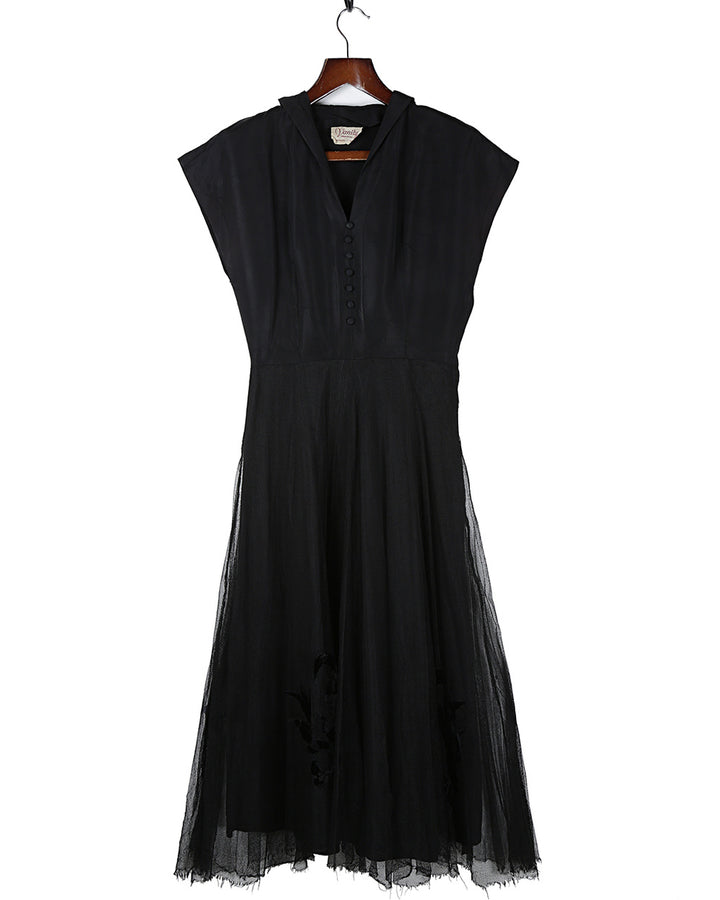 1940s Vintage Vanity Original Black Velvet & Tulle Dress - XS
