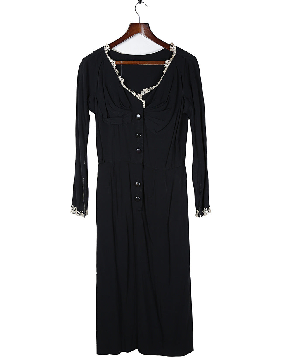 40s Black Long Sleeve Midi Dress - M