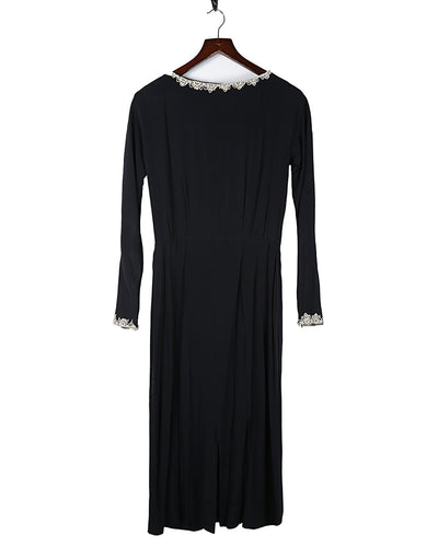 40s Black Long Sleeve Midi Dress - M