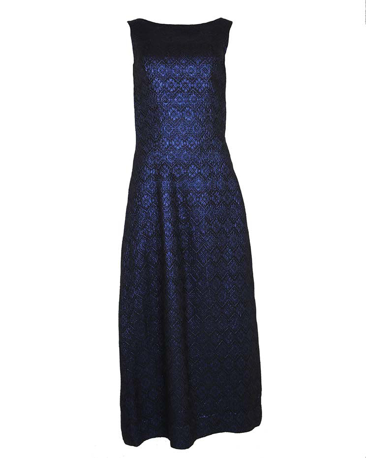 60s Vintage Black &amp; Blue Lurex Jacquard Maxi Dress - S