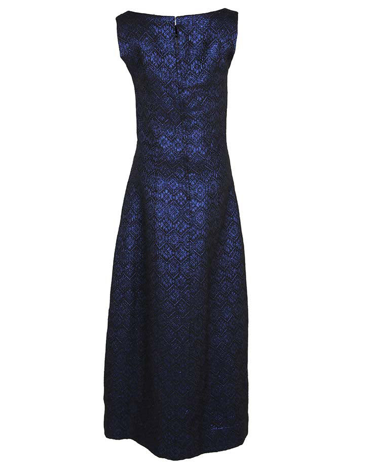 60s Vintage Black &amp; Blue Lurex Jacquard Maxi Dress - S