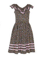 1970s Black Floral &amp; Polka Dot Ruffled Swing Dress - S