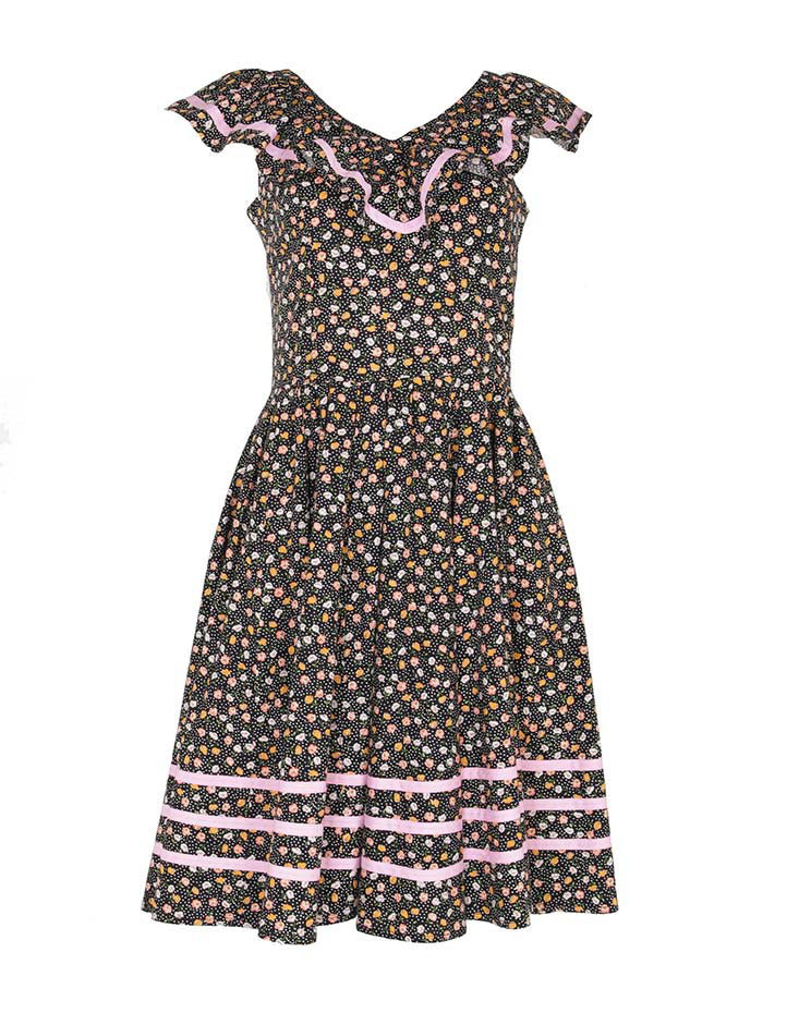 1970s Black Floral & Polka Dot Ruffled Swing Dress - S