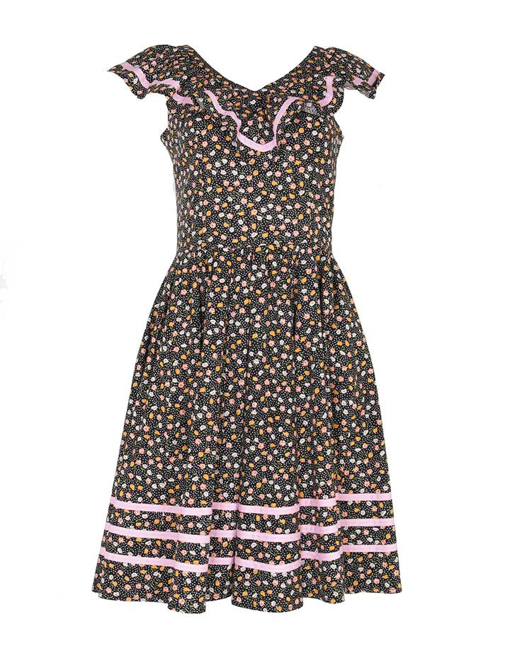 1970s Black Floral &amp; Polka Dot Ruffled Swing Dress - S