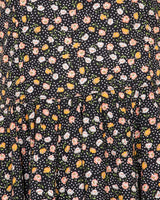1970s Black Floral &amp; Polka Dot Ruffled Swing Dress - S