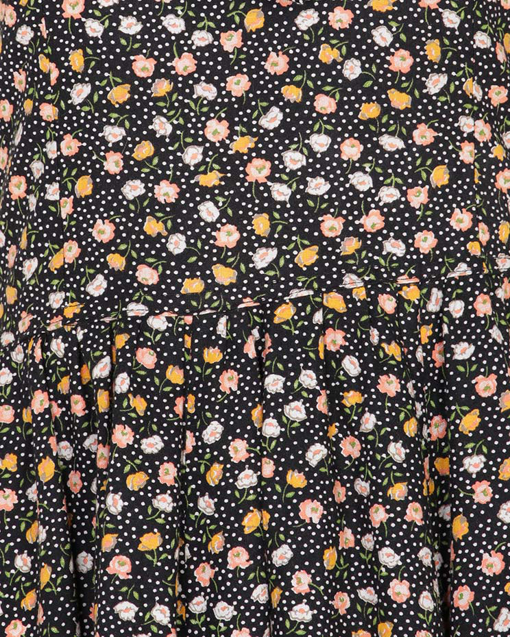 1970s Black Floral &amp; Polka Dot Ruffled Swing Dress - S
