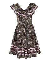 1970s Black Floral &amp; Polka Dot Ruffled Swing Dress - S