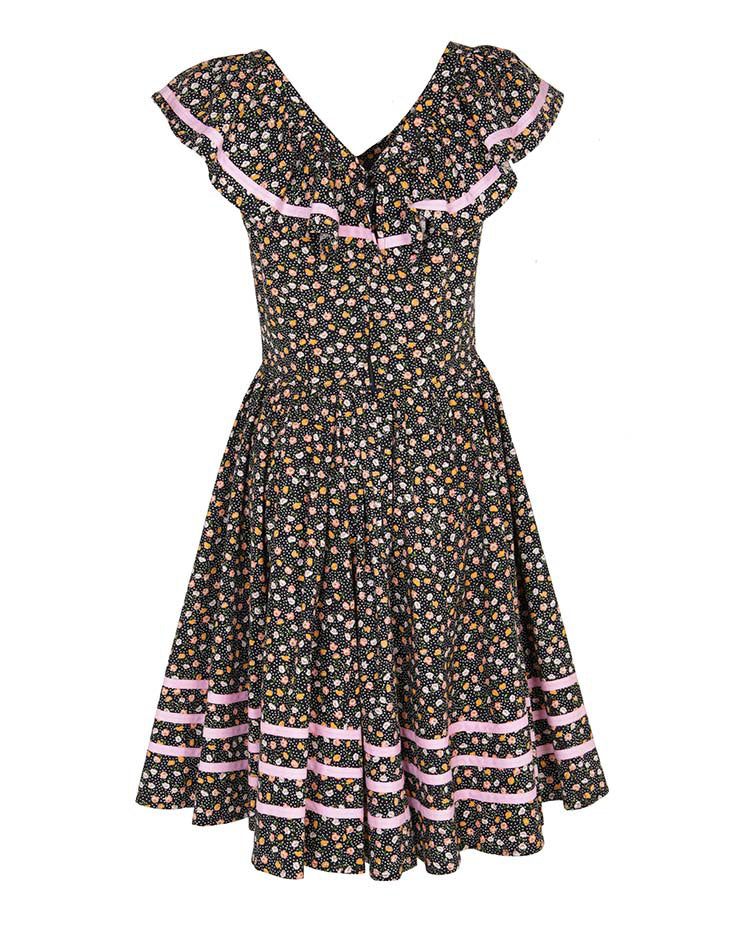 1970s Black Floral &amp; Polka Dot Ruffled Swing Dress - S