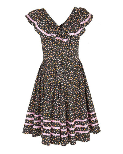 1970s Black Floral & Polka Dot Ruffled Swing Dress - S