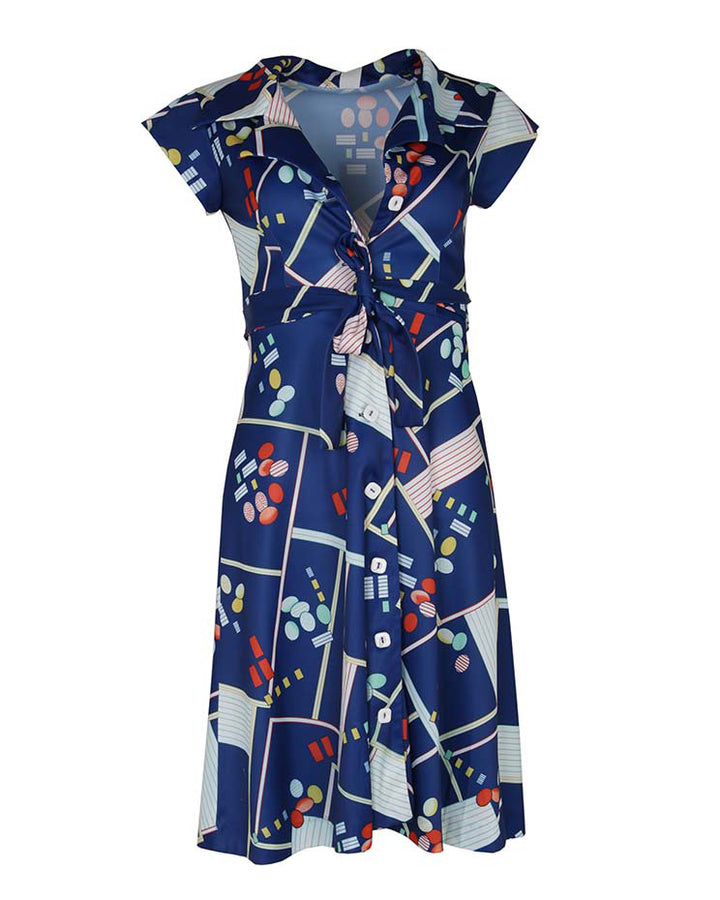 70s Vintage Navy Abstract Patterned Wrap Dress - XS