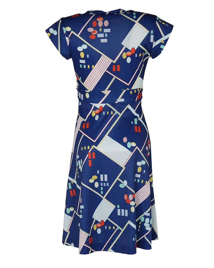 70s Vintage Navy Abstract Patterned Wrap Dress - XS