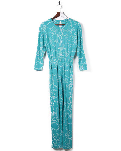 80s Turquoise Long Sleeve Floral Jumpsuit - S