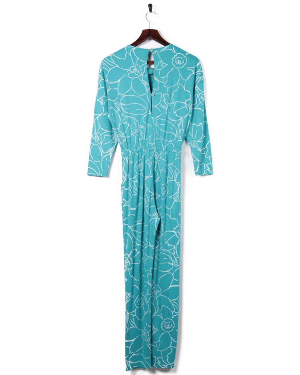80s Turquoise Long Sleeve Floral Jumpsuit - S