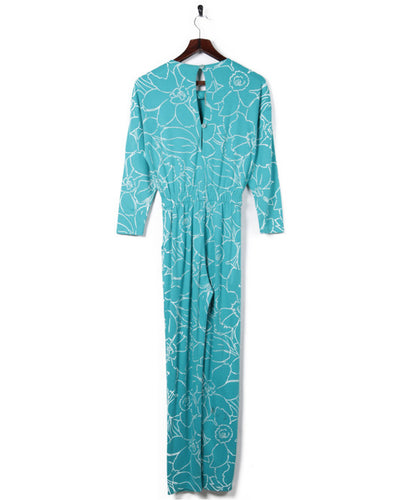 80s Turquoise Long Sleeve Floral Jumpsuit - S