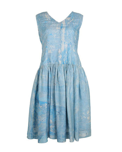 60s Blue Silk Painterly Print Dress - M