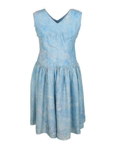 60s Blue Silk Painterly Print Dress - M
