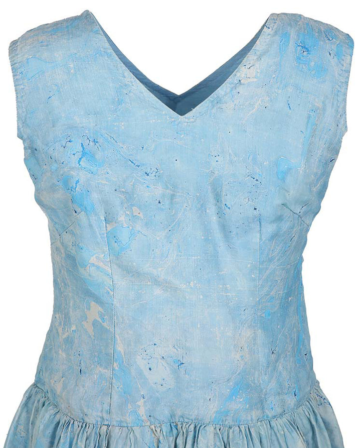 60s Blue Silk Painterly Print Dress - M