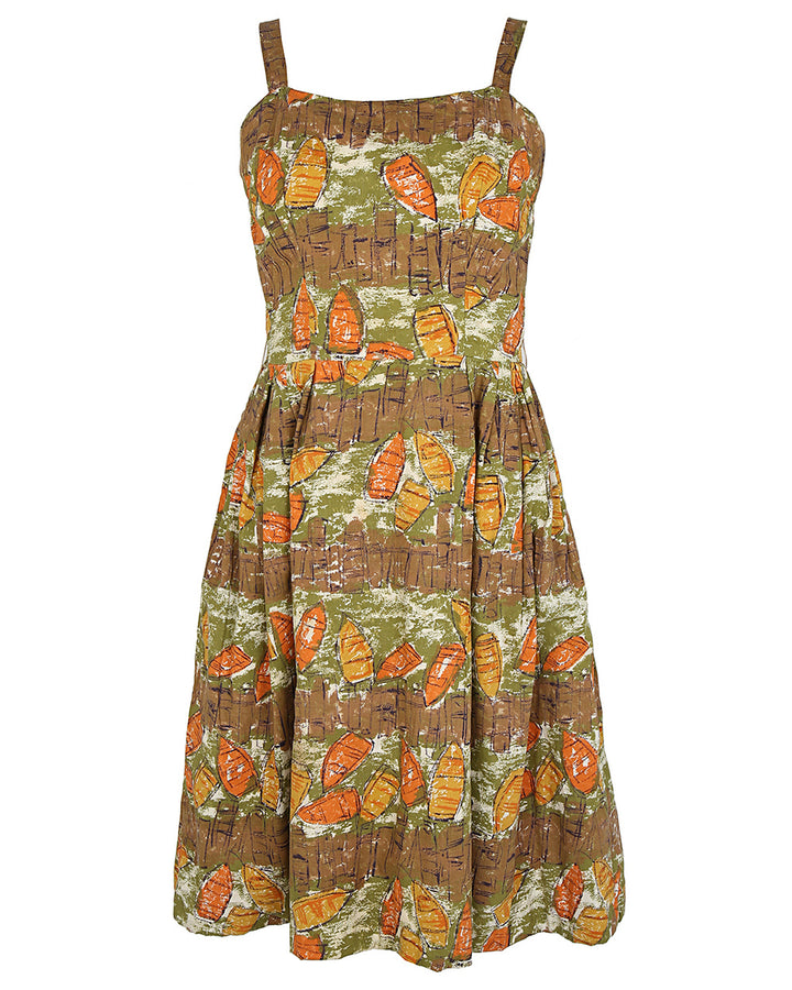Vintage 50s Mid Century Boat Print Tea Dress - S