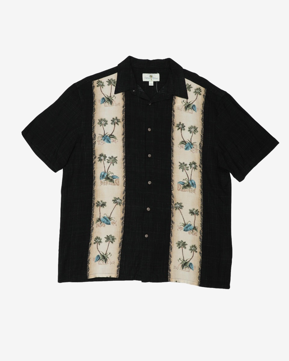 Vintage Island Shores Black Tropical Tree Patterned Hawaiian Shirt - XL
