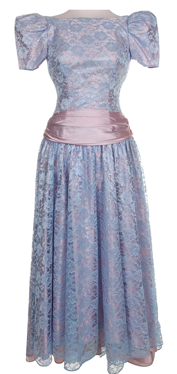 80s Blue & Pink Floral Lace Bridal Dress