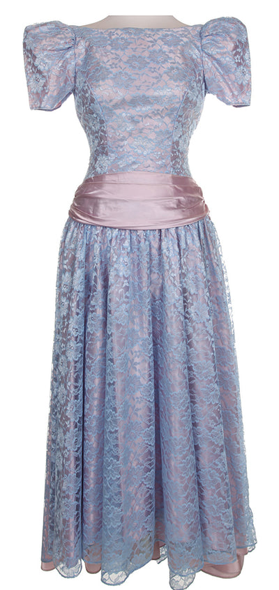 80s Blue & Pink Floral Lace Bridal Dress