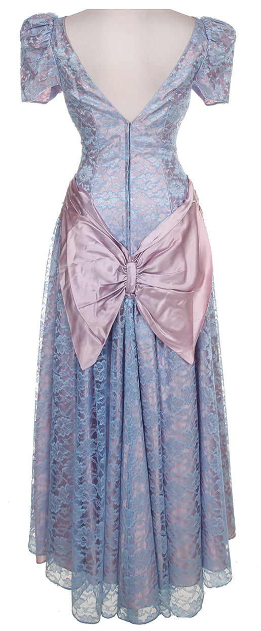 80s Blue & Pink Floral Lace Bridal Dress