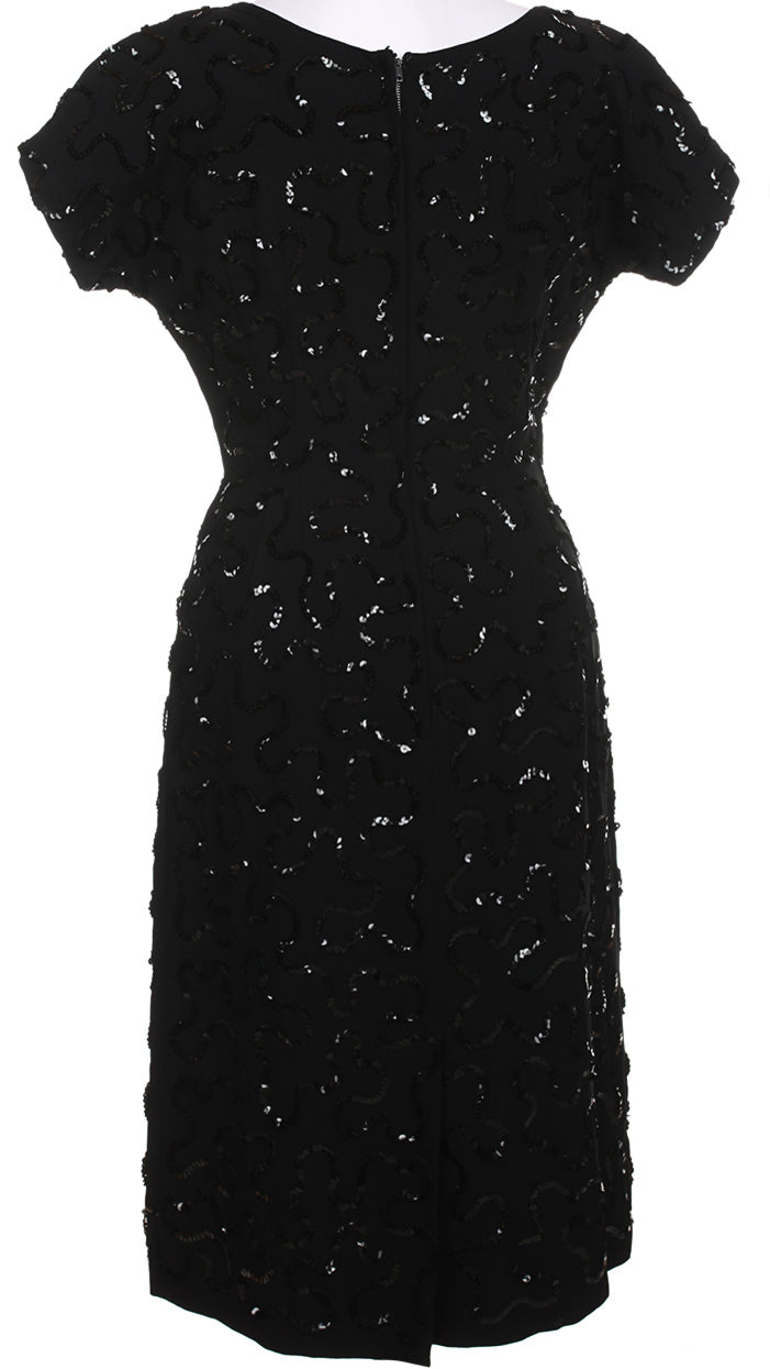 60s Black Swirled Sequin Embellished Party Dress - S